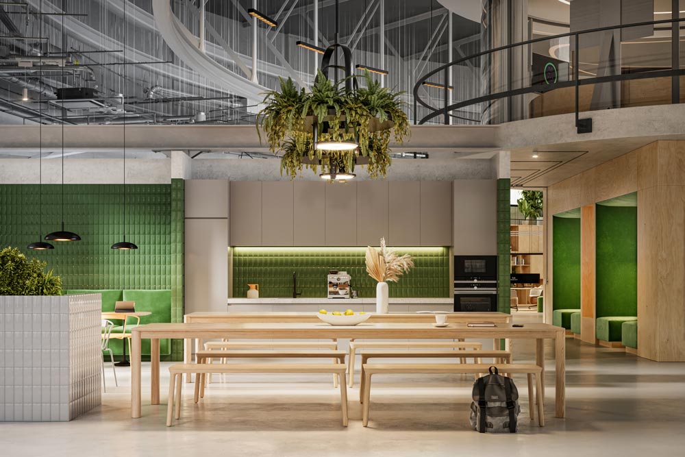 Ett modernt lunchrum med ljusa trämöbler.